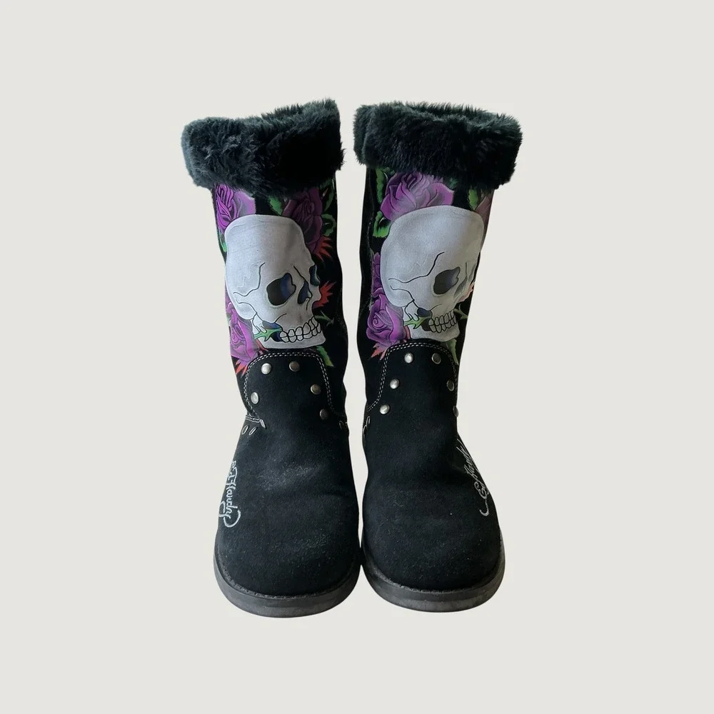 Ed Hardy Black Suede Skull Rose Tattoo Faux Fur Studded Boots 9 19FBS207W